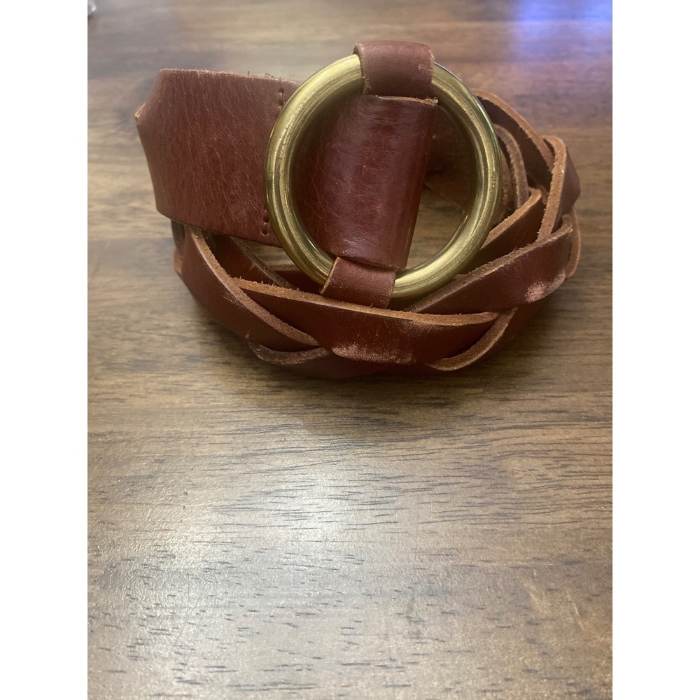 Fossil Brown Braided Leather Belt Brass O-Ring Buckle Genuine Leather Size L